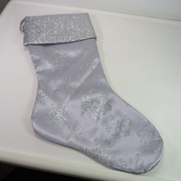 satin glittered silver stocking with glittered snowflakes & solid glitter cuff - Picture 2 of 8